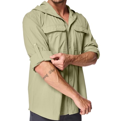 Mens Sun Protection Hiking Fishing Safari Shirts with Hood Long Sleeve Outdoor Quick Dry Shirts Hoodie - color: 5105 Khaki, size: Medium