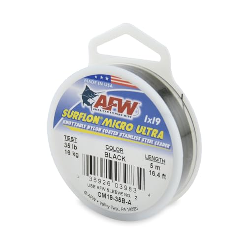American Fishing Wire Surflon Micro Ultra Nylon Coated 1x19 Stainless Steel Leader Wire - Knottable Fishing Leaders Saltwater & Fly Fishing, 6lb Test - 61lb Test, Bright, Black & Camo Colors - color: Black, style: 5 Meter, 35 Pound Test