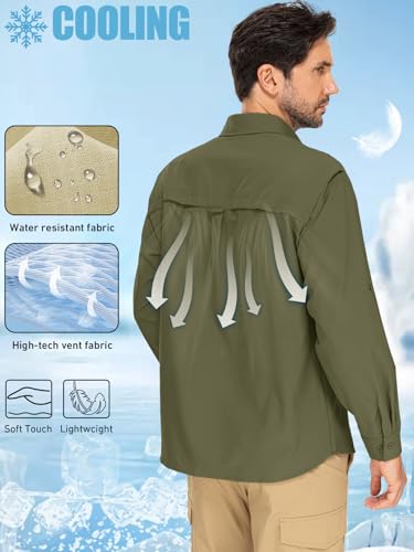 linlon Mens Safari Shirts Long Sleeve UV Protection Hiking Fishing UPF 50+ Quick Dry Cooling Camping Travel Shirts - color: 0live Green, size: XX-Large