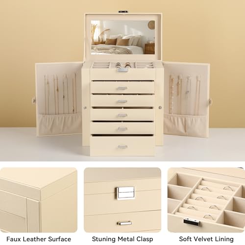Frebeauty Large Jewelry Box,6-Tier PU Leather Jewelry Organizer,Multi-functional Storage Case with Mirror,Accessories Holder with 5 Drawers for Necklace Bracelets Watches(Beige) - color: Beige, size: Large