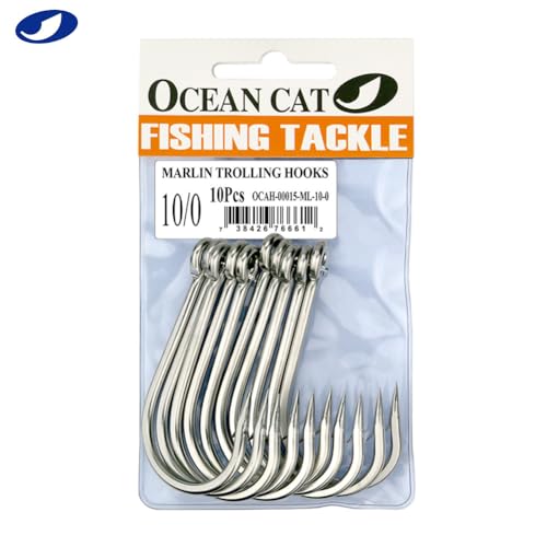 OCEAN CAT Classic Fishing Hook Stainless Steel Barbed Offset Point Octopus Circle Fishing Hooks Trolling Hooks Fishing Tackle for Saltwater and Freshwater Fishing - size: 10/0