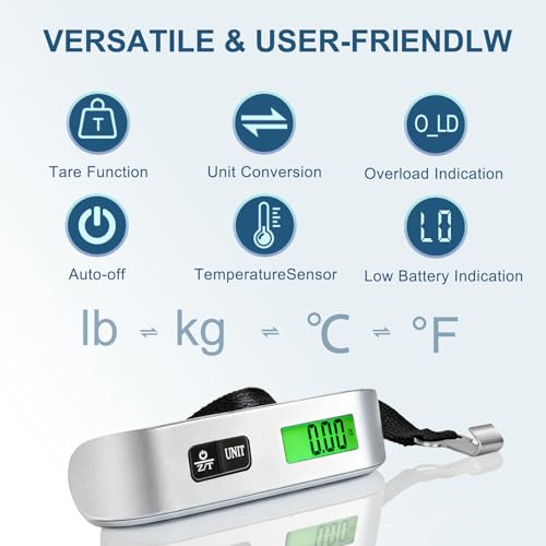 Digital Luggage Scale, 110lb Suitcase Weight Scale for Travel with Backlit LCD Display, 4-Unit Switching, Portable Hanging Baggage Scale for Luggage, Backpacks, Packages (Battery Included)