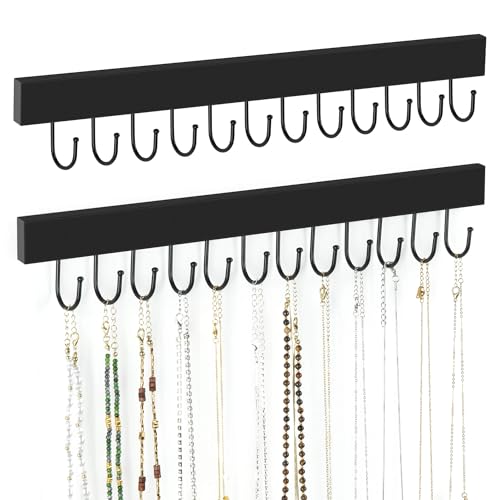 ZEDODIER 2 Pack Necklace Organizer Wall Mount, Wooden Jewelry Hanger Necklace Holder with 24 Hooks,Hanging Jewelry Organizer, Black - color: Black