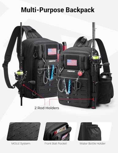 Piscifun Fishing Backpack Tackle Bag with 2 Rod Holders, Multi-Compartment Storage, MOLLE System, Water-Resistant Lightweight Outdoor Pack - color: Double Shoulder - Black Camouflage, style: Large