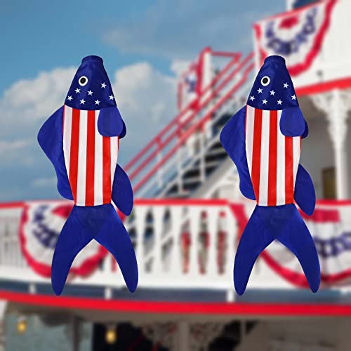 USA American Fish Wind Sock | Patriotic Wind Socks for Outside 40 Inch Summer Windsocks Durable - color: blue