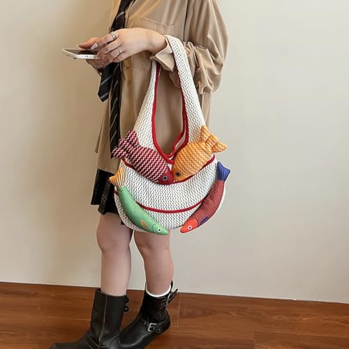 Knitted Beach Shoulder Bag for Women 3D Fish Bohemian Tote Versatile Purse Soft Hobo Handbag for Summer Vacation 2026 - color: B Red