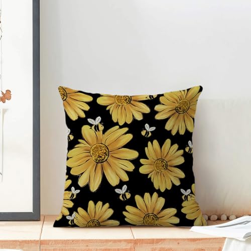 Summer Pillow Covers 18x18 Inch Set of 2 Black Background Yellow Floral Bee Throw Pillows Outdoor Decorative Spring Floral Bee Pillowcases Linen Cushion Cases for Bed Sofa Couch - color: Black Sunflower Bee, size: 18" x 18" (Pack of 2)