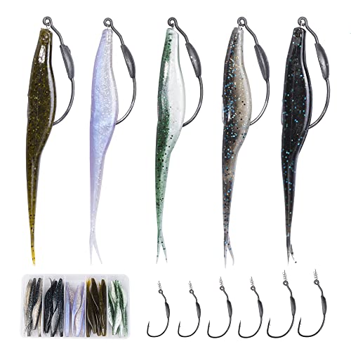Fishing Bait Soft Plastic Lures 30/50 Pcs, Weighted Hooks 10 Pack & 40-Piece Set, 4in/5in Salty Split Tail Jerk Shad, 3/0 4/0 5/0 Weedless Swimbait Hook for Bass Fishing - color: Set C, size: 4inch&5inch Fishing Bait, 3/0&4/0&5/0-Hook