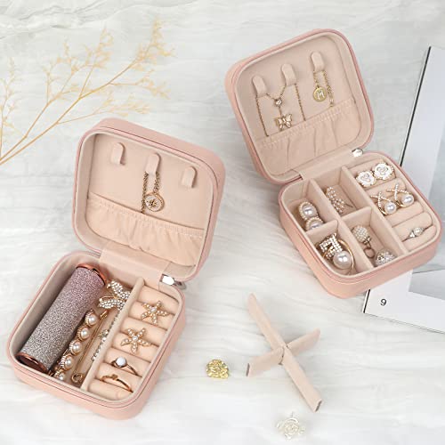 MFXIP Travel Jewelry Case Small Jewelry Box Jewelry Organizer Storage Case Portable PU Leather Mini Jewelry Travel Case for Girls Womens Earring, Necklace, Rings,Bracelets - color: Pink
