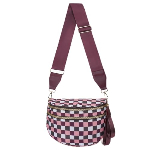Crescent Crossbody Bum Bag for Women, Large Nylon Sling Belt Bag, Trendy Checkered Fanny Pack, Multi-Pocket Handbags Purses (Checkered - Purple Pink) - color: Checkered - Purple Pink