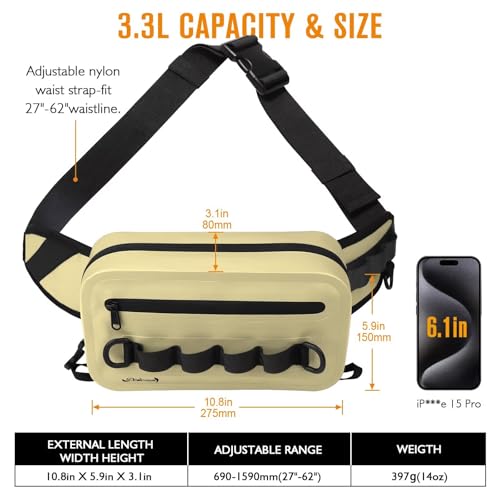 Dovesun Waterproof Fishing Fanny Pack for Men 3.3L Fly Fishing Bag Chest Pack with Airtight Zipper - color: Khaki