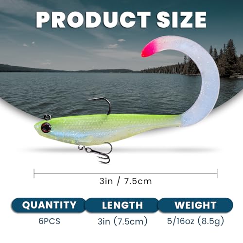 Pre-Rigged Soft Fishing Lures with Weedless Hook, Lifelike Paddle Tail Swimbaits for Bass Fishing, Freshwater & Saltwater Curly Type Tail Soft Plastic Baits for Bass, Pike, Trout, and Walleye. - color: B1-3"-0.31oz