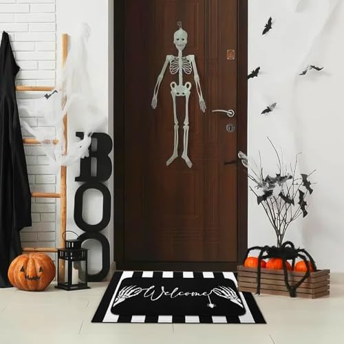 Tinideya 2 Pcs Summer Halloween Door Mats Outdoor Gothic Skull Welcome Front Doormat Linen Rubber Layered Black White Striped Skeleton Mats Nonslip Washable Halloween Decor for Front Porch Entryway - size: 16 x 28 Inch,24 x 35 Inch, style: Skull