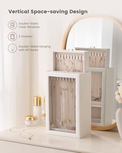 Lolalet Upgraded Double-Sided Hanging Necklace Organizer Box, Jewelry Display Case with Double-Sided Clear Window for Necklaces Bracelets, Tangle-Free Necklace Storage Box, White, 2-Layer 40 Hooks - color: White, size: 2-Layer, 40 Hooks
