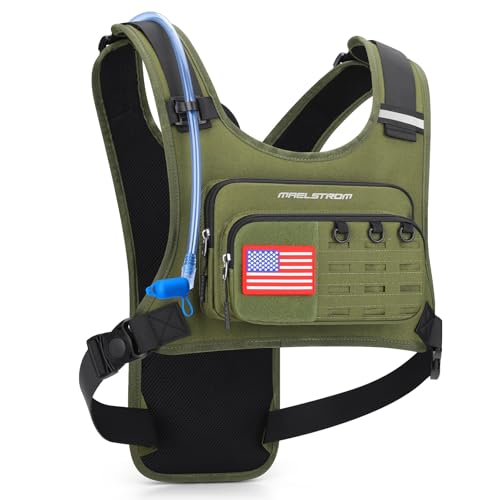 Maelstrom Hydration Running Vest with 2L Water Bladder for Men Women | Chest Pack, BPA-free, High Flow Bite, Reflective Stripe, Detachable, Breathable Pad, Perfect for Cycling, Marathon, Hiking - color: Army Green