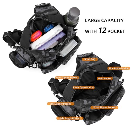 Fishing Tackle Storage Bag – Sling Waist Pack with Adjustable Widen Shoulder Straps, 12 Compartments for Fishing Gear, Lures, Hooks & Accessories Durable & Lightweight for Outdoor Anglers, Black