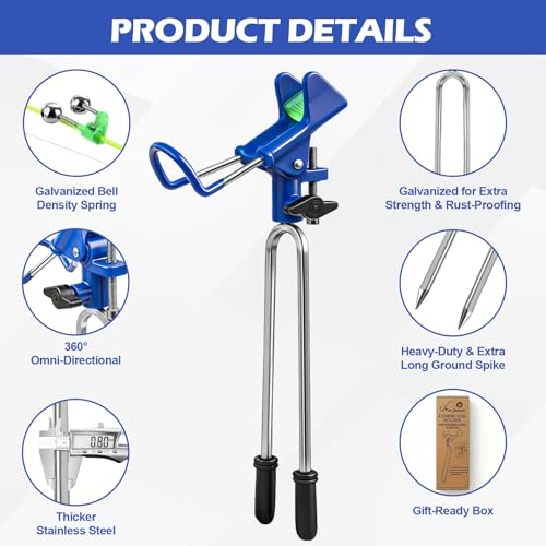 Fishing Rod Holder for Ground, 2/4pcs Fishing Pole Holders for Ground, Bank Fishing Rod Holder with 360° Adjustable Extra Long Drill Stake Rod Stand for Catfish, Beach, Shore and Mud, Men's Gift - color: Blue -2 Pack and Bells