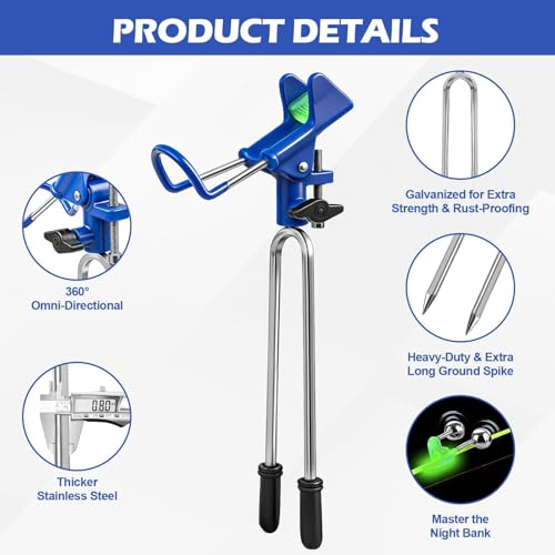 Fishing Rod Holder for Ground, 2/4pcs Fishing Pole Holders for Ground, Bank Fishing Rod Holder with 360° Adjustable Extra Long Drill Stake Rod Stand for Catfish, Beach, Shore and Mud, Men's Gift - color: Blue -4 Pack Night Kit