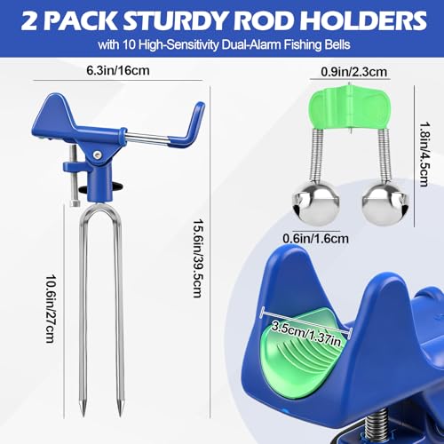 Fishing Rod Holder for Ground, 2/4pcs Fishing Pole Holders for Ground, Bank Fishing Rod Holder with 360° Adjustable Extra Long Drill Stake Rod Stand for Catfish, Beach, Shore and Mud, Men's Gift - color: Blue -2 Pack and Bells