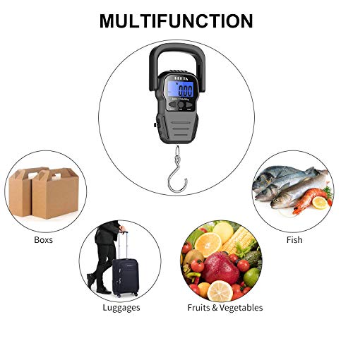 HEETA Fish Scale with Backlit LCD Display, Up to 110lb/50kg Digital Portable Hanging Fish Weight Scale with Hook & Measuring Tape for Home, Farm, Outdoor, Hunting, Fishing, 2 AAA Batteries Included - color: Black