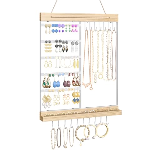 Feyejade Hanging Jewelry Organizer and Storage, 5-Tier White Earring Necklace Holder Jewelry Display Organizer Stand Rack, Wall Mounted for Earrings Necklaces Bracelets and Rings, White - color: White, size: Standard