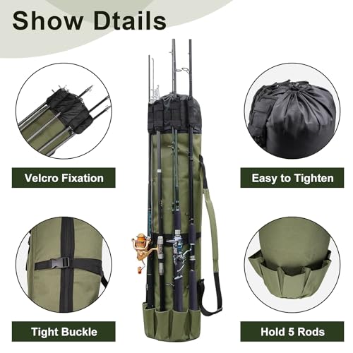 ReeMoo Fishing Rod Bag Fishing Rod Case Portable foldable Fishing Pole Bag Large Capacity Fishing Rods and Tackles Storage Bag Holds 5 Poles