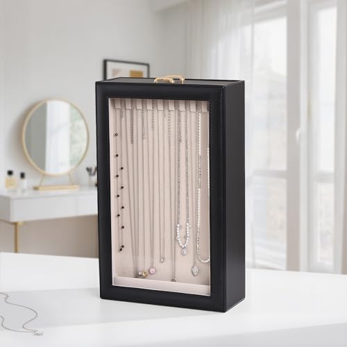 Lolalet Necklace Organizer Box, Jewelry Storage Box with Clear Window for Necklaces Bracelets, Tangle-Free Necklace Display Case for Women Girls, Black, 2 Layers 20 Hooks - color: Black, size: 2 Layers, 20 Hooks