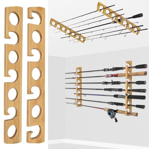 THKFISH Wood Fishing Rod Holders for Wall Ceiling, Holds Up to 7-10 fishing Pole Holders for Garage (1 set holds up 7 rods) - style: 1 set holds up 7 rods