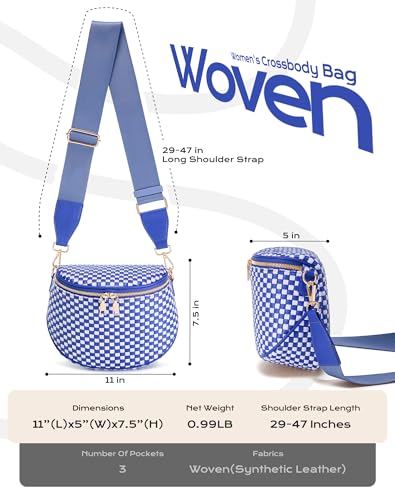 Trendy Woven Checkered Crossbody Bum Bag for Women，PU Leather Checkered Purse Fanny Packs Belt Bag (Woven Bum Bag - Rainbow Blue White) - color: Woven Bum Bag - Rainbow Blue White