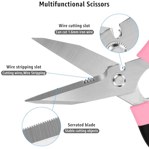 BoFuYuan 8-Inch Utility Scissors All Purpose Heavy Duty, Serrated Blade, Pink Comfort Grip for Cutting Carpet, Cardboard, Leather, Fabric, Multipurpose Sharp Shears for Kitchen, Garden, Office, Carft - color: Pink