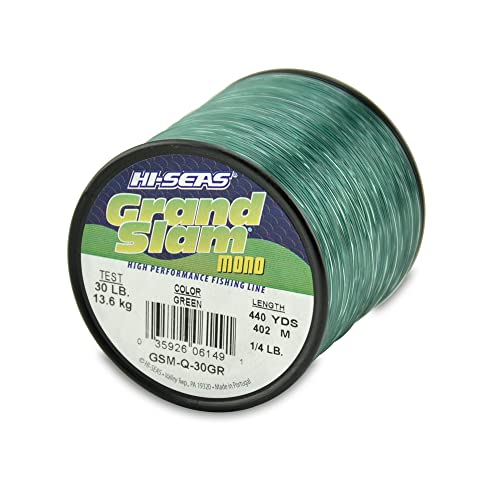 HI-SEAS Grand Slam Monofilament Fishing Line - Strong & Abrasion Resistant in Clear, Pink, Green, Smoke Blue, Fluorescent Yellow Freshwater & Saltwater – Quarter Pound Spool - color: Green, style: 30 Lb Test, 0.55 Mm Dia, 440 Yd