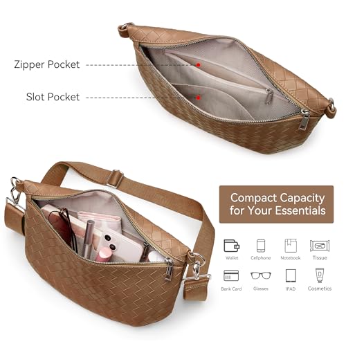KALIDI Woven Crossbody Bags for Women Travel Vegan Leather Fanny Packs for Woman Cross Body Purse Fashion Belt Bum Bag with Wide Strap - color: Dark Brown