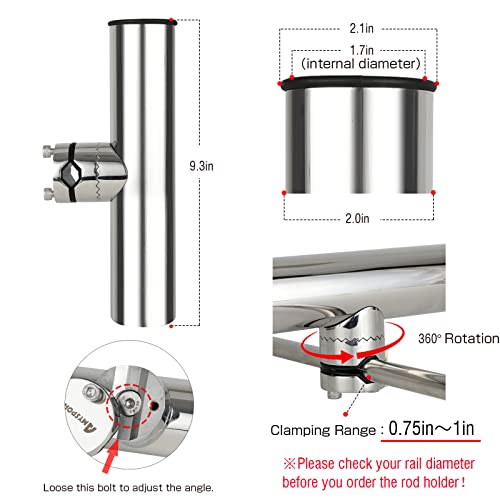 AMYSPORTS Rail Mount Rod Clamp Holders Boat Clamp Holders Rod Stainless Steel Fishing Rods Holder Adjustable Marine Side Mounted Support for Kayak Boats Fishing - size: 2PCS
