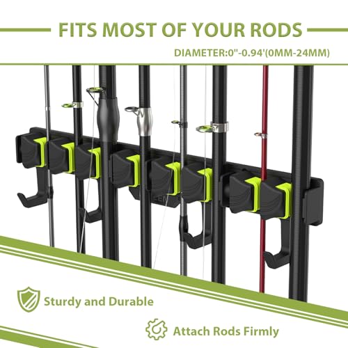 Fishing Rod Holders, Wall Mounted Fishing Rod Rack, Fishing Pole Holder Holds Up to 8 Rods or Combos, Fishing Rod Holders for Garage with 4 Hooks, Fits Most Rods of Diameter 3-24mm - style: Green-2Pack