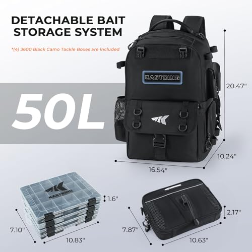 KastKing BaitSpace Fishing Tackle Backpack with Removable Bait Binder,2 Rod Holders Storage Fishing Gear and Equipment - color: A: Black (With (4) 3600 tackle boxes)
