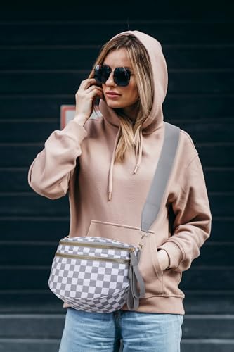 Pure Colour Crossbody Bum Bags for Women Spacious Checkered Cross body Bag Nylon Trendy Fanny Pack for Travel - color: Light Grey Checkered