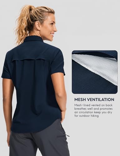Haimont Women's UPF 50+ Short Sleeve Hiking Button Down Shirt | Quick-Dry Stretch, Mesh Back Vents, 2 Chest Pockets + Zip Pocket, Sunglasses Loop, Lens Cloth, Travel - color: Dark Blue, size: Large