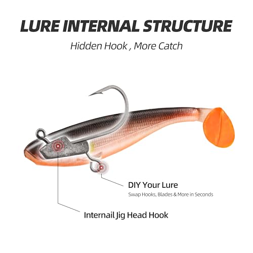 Pre-Rigged T-Tail Swimbait Lures, Soft Baits with Weighted Jig Head, Multiple Sizes & Colors for Bass, Trout, Crappie, Walleye, Freshwater & Saltwater Fishing