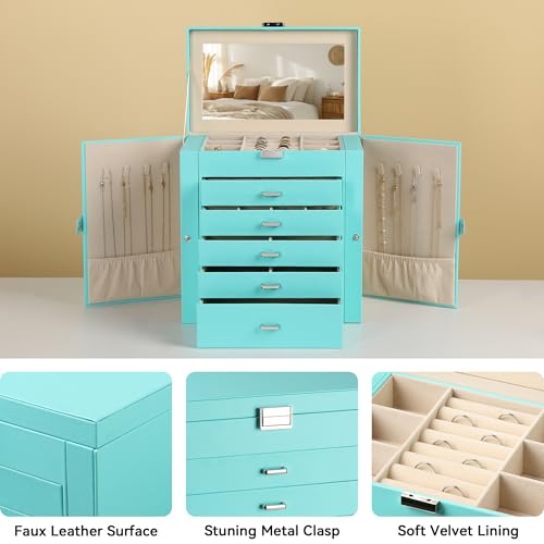 Frebeauty Large Jewelry Box,6-Tier PU Leather Jewelry Organizer,Multi-functional Storage Case with Mirror,Accessories Holder with 5 Drawers for Necklace Bracelets Watches(Turquoise) - color: Turquoise, size: Large