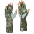 KastKing Agies Fishing Gloves Men, UPF 50+ Sun Gloves UV Protection, Cooling Quick-Dry 3/4 Fingerless Gloves with Extended Cuff, Microfiber Palm & Pull Tabs, for Fishing, Kayaking, Hiking, Hunting - color: X Camo-Olive Green, size: Large-X-Large