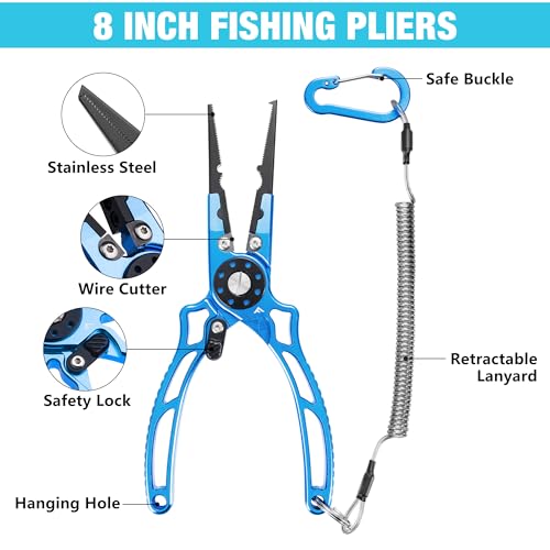 FLISSA Fishing Pliers, Safety Lock Design Fish Pliers Saltwater, Aluminum Hook Remover, Titanium 6Al-4V Jaw and Tungsten Carbide Line Cutters, Sheath & Lanyard, Fishing Gear Gifts for Men - size: 8-inch