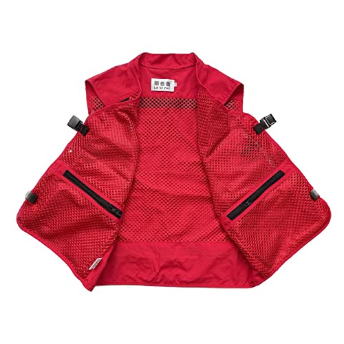 Men Mesh Breathable Multi-Pocket Vest Outdoor Travelers Fly Fishing Photography - color: Red, size: X-Small