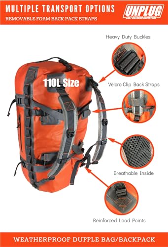 UNPLUG Ultimate Adventure | 1680D Heavy Duty Waterproof Bag | Large Travel Bag which can be Used for Camping, Motorcycling, Boating, or Hunting|110L Adventure Orange - color: Adventure Orange, size: 110L