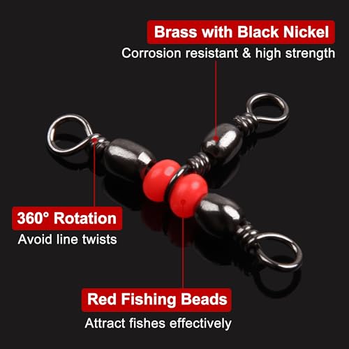 OROOTL 3 Way Swivel Fishing Tackle, 60pcs T Turn Three Way Fishing Swivels Black Nickel Plated Cross Line Barrel Triple Swivels for Catfish Rig Saltwater Freshwater - size: Size 4*6 -62LB