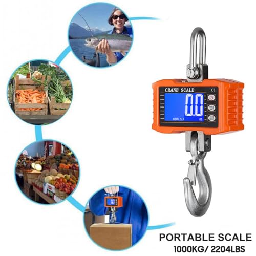 Geevorks Digital Hanging Scales Portable Heavy Duty Crane Scale,Industrial Precision Digital Hanging Scale1000KG (2204lbs),LCD Backlight,with Unit Change/Data Hold/Tare/Zero