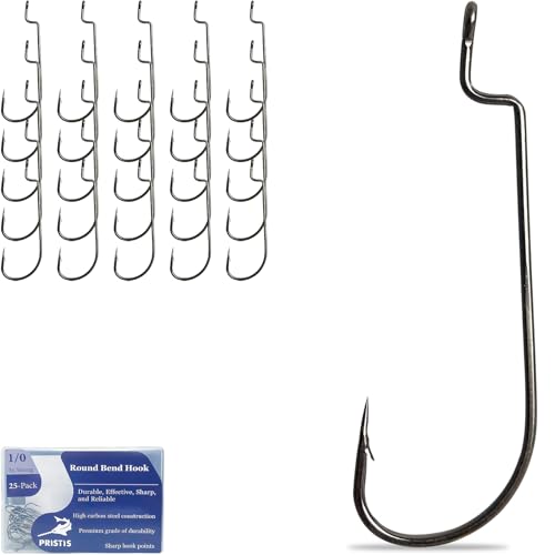 Pristis 25 Pack High Carbon Steel Fishing Hooks, Reinforced EWG Circle Octopus Round Bend 60 Degree Wide Gap Strong Barbed Worm Fish Hook Jig Bait Rig for Saltwater Freshwater Bass Tuna Walleye Trout - color: Round Bend, size: 1/0