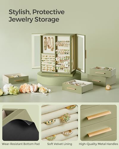 SONGMICS GISELLA Collection - Jewelry Box Organizer 360° Rotating, Vertical Jewelry Storage Case with 5 Drawers, Glass Window, Spacious, Open Design, Great Gift, Laurel Green UJBC170C02 - color: Laurel Green, size: 5 Drawers (6.3"d X 8.7"w X 11.2"h)