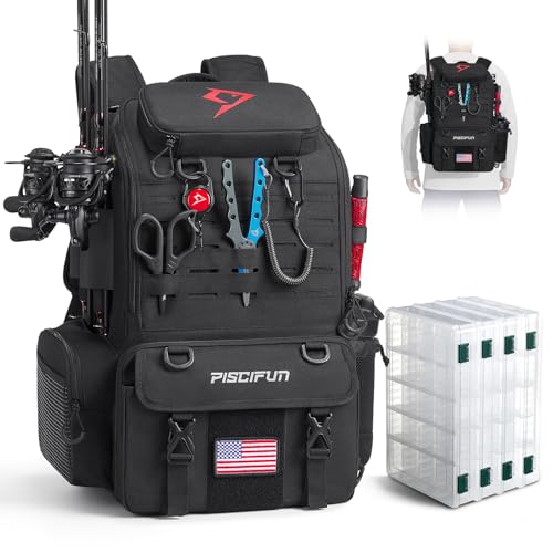 Piscifun 52L Fishing Tackle Backpack with Rod Holders & 4 Tackle Boxes, Large Tackle Bag for Gear Storage with Rain Cover - color: Black