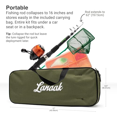 Lanaak Kids Fishing Pole, Kids Portable Telescopic Fishing Rod Set, Tackle Box and Fishing Net Combo Kit, Kids Fishing Gear for Boys and Girls Age 5-10 and Youth - color: Black Rod, size: 1.5m or 4.9 FT