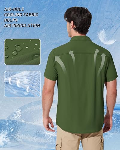 MAGCOMSEN Men's Fishing Shirts UPF 50+ Short Sleeve Sun Protection Shirts Quick Dry Cooling Button Down Shirt Hiking Safari - color: Army Green, size: X-Large